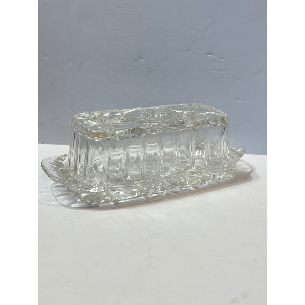 Vintage Clear Pressed Glass Butter Dish with Lid Starburst Pattern Scalloped